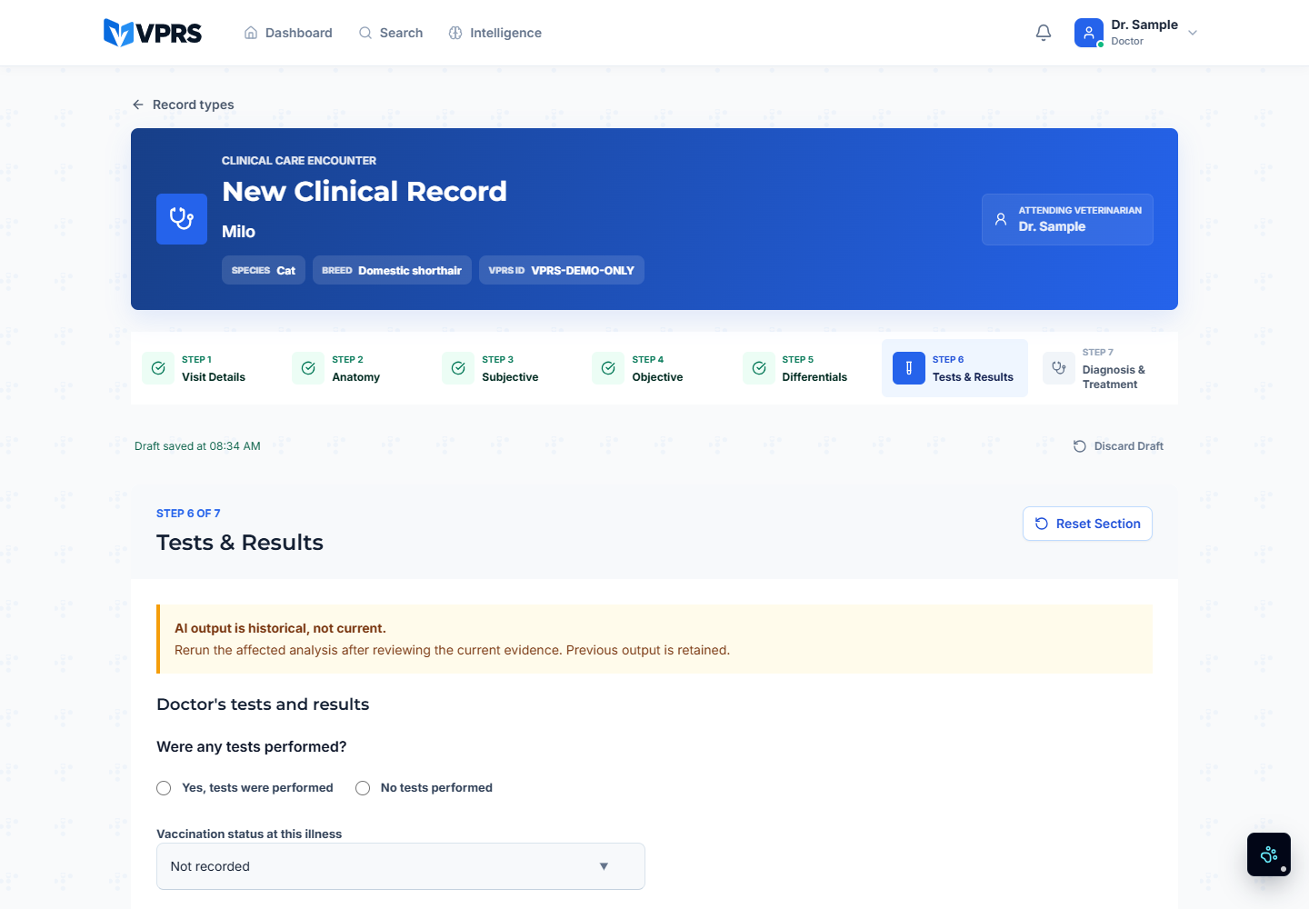 VPRS test result upload and review screen