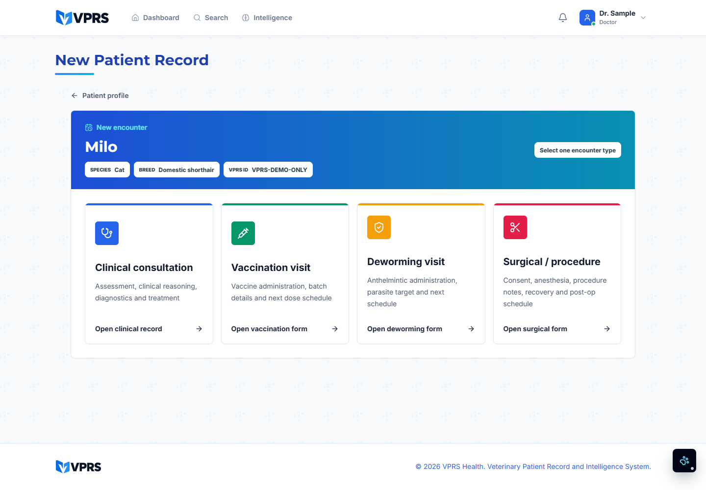 VPRS visit type selection screen